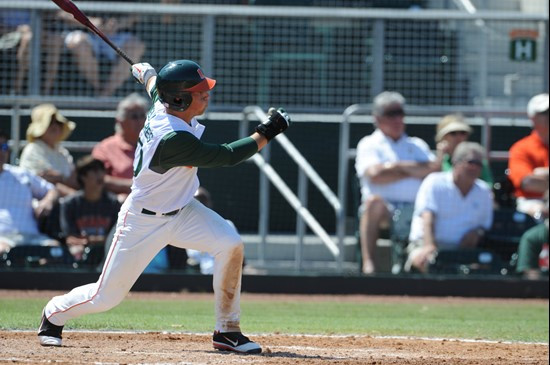 University of Miami outfielder, Nathan Melendres #10, plays in a game against VirginiaTech at Alex Rodriguez Park on March 13, 2011.  Photos by Steven...