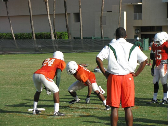 Randy Shannon working with the defensive backs at practice Wednesday morning at the Greentree Practice Fields.