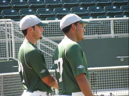 Pitchers Chris Hernandez (R) and Daniel Miranda (L) at Miami's first official fall practice on Oct. 15, 2009.