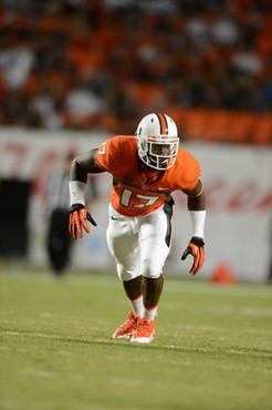 Linebacker Tyriq McCord #17 and the University of Miami Hurricanes defeated the Florida Atlantic Owls at Sun Life Stadium by a final score of 34-6 on...