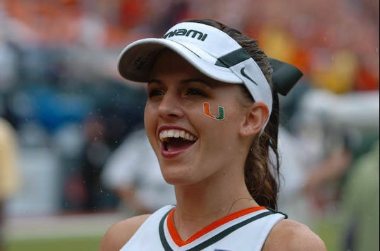 A University of Miami Hurricanes cheerleader pumps up the crowd in a game against The Florida State Seminoles at Dolphin Stadium on October 4, 2008.  ...