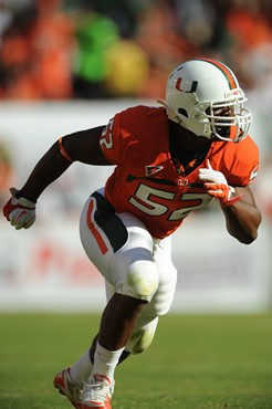University of Miami Hurricanes linebacker Erik Lichter #57 plays in a game against the Georgia Tech Yellow Jackets at Sun Life Stadium on October 22,...