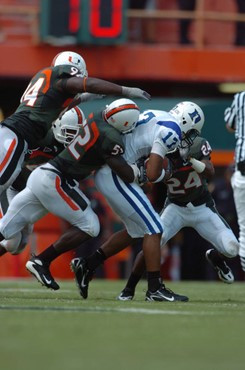 University of Miami linebacker Tavares Gooden #52 had 12 solo tackles, 2 assist and a fumble recovery returned 19 yards in a game against the Duke...