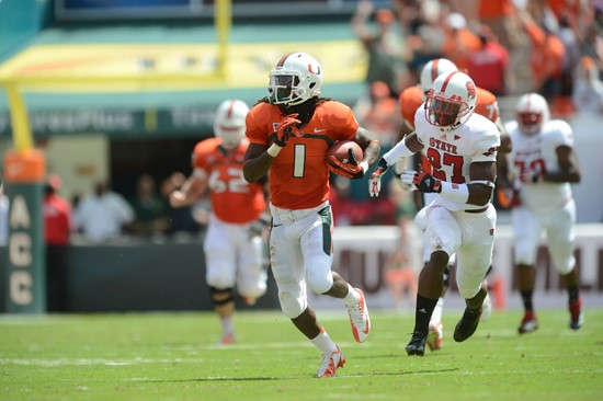 University of Miami Hurricanes wide receiver Allen Hums #1 runs in a game against the North Carolina State Wolfpack at Sun Life Stadium on September...