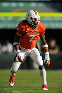 University of Miami Hurricanes defensive back Vaughn Telemaque #7 plays in a game against the Georgia Tech Yellow Jackets at Sun Life Stadium on...