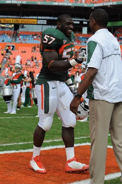 University of Miami Hurricanes defensive lineman Allen Bailey #57 plays in a game against the University of South Florida Bulls at Sun Life Stadium on...