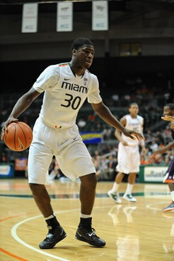 University of Miami Hurricanes forward, Adrian Thomas #30 and the Canes play host to the Stetson University Hatters at the BankUnited Center on...