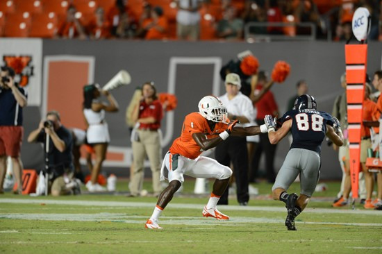 Defensive back Artie Burns #1 and the University of Miami Hurricanes defeated the Florida Atlantic Owls at Sun Life Stadium by a final score of 34-6...