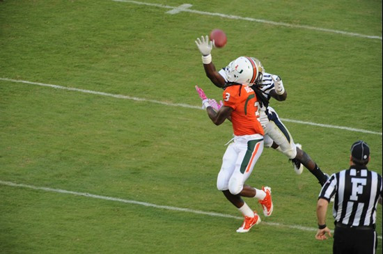 University of Miami Hurricanes wide receiver Travis Benjamin #3 plays in a game against the Georgia Tech Yellow Jackets at Sun Life Stadium on October...