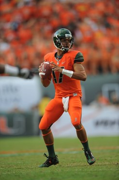 University of Miami Hurricanes quarterback Stephen Morris #17 plays in a game against the Virginia Tech Hokies at Sun Life Stadium on November 20,...