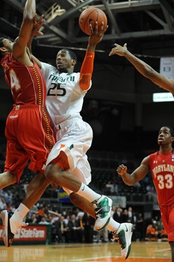 University of Miami Hurricanes guard, Garrius Adams #25, shoots a free throw against the Maryland Terrapins at the BankUnited Center on March 2, 2011....
