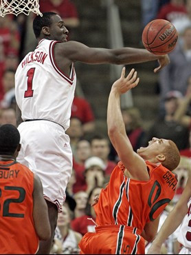 North Carolina State's J.J. Hickson (1) blocks the shot of Miami's Jimmy Graham (00) during the second half of a college basketball game in Raleigh,...