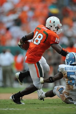 University of Miami Hurricanes tight end Dedrick Epps #18 caught 3 passes for 19 yards in a game against the North Carolina Tar Heels at Dolphin...