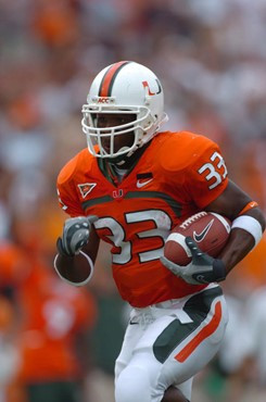 University of Miami running back Shawnbrey McNeal #33 rushes in a game against the Georgia Tech Yellow Jackets at the Orange Bowl on October 13, 2007....
