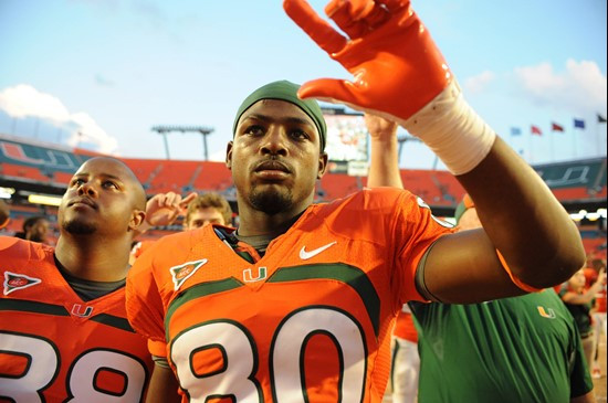 University of Miami Hurricanes wide receiver Rashawn Scott #80 after a game against the Bethune Cookman Wildcats at Sun Life Stadium on October 1,...