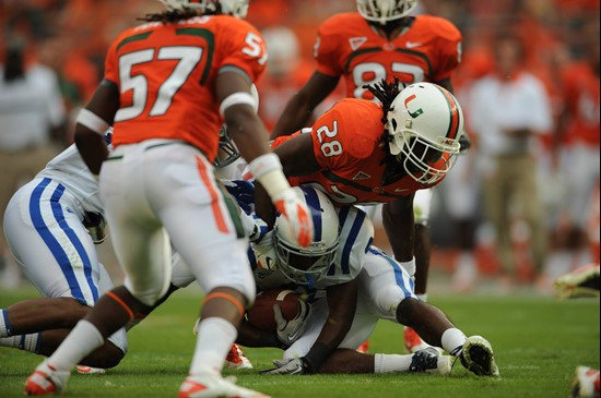 University of Miami Hurricanes wide receiver Shawn ODare #28 plays in a game against the Duke Blue Devils at Sun Life Stadium on November 5, 2011. ...