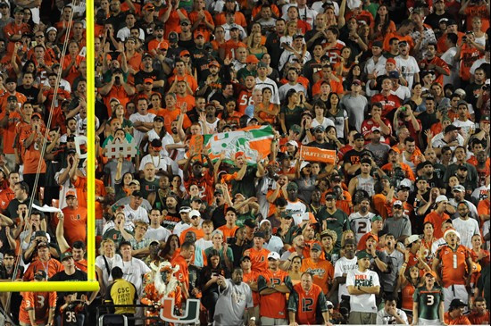University of Miami Hurricane fans show their team spirit in a game against the Ohio State Buckeyes at Sun Life Stadium on September 17, 2011.  Photo...