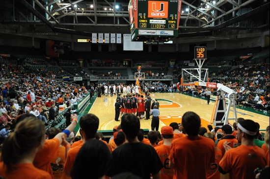 Fans cheer for The University of Miami Hurricanes as they played host to the Maryland Terrapins at the BankUnited Center on March 2, 2011.  The...