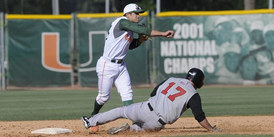 Junior John Lawroski made his Hurricanes debut Sunday, helping turn the game-ending double play from second base. (JC Ridley)