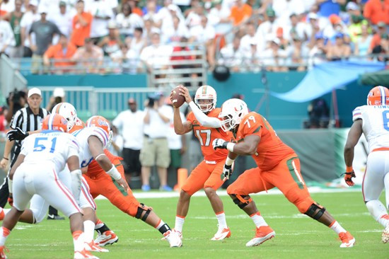 University of Miami Hurricanes linebacker Tyriq McCord #17 plays in a game against the #12 ranked University of Florida Gators at Sun Life Stadium on...