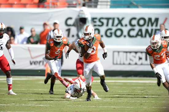University of Miami Hurricanes wide receiver Stacy Coley #3 plays in a game against the Cincinnati Bearcats at Sun Life Stadium on October 11, 2014. ...