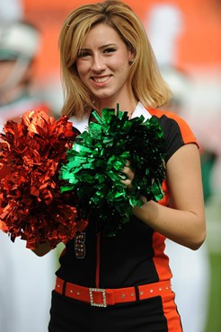 A University of Miami Hurricane cheerleader shows her team spirit in a game against the University of South Florida Bulls at Sun Life Stadium on...