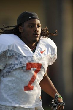 University of Miami Hurricanes Vaughn Telemaque #7 at Greentree practice fields training for the upcoming 2010 season. The practice was open for...