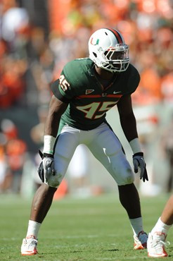University of Miami Hurricanes defensive back Ramon Buchanan #45 plays in a game against the Maryland Terrapins at Sun Life Stadium on November 6,...