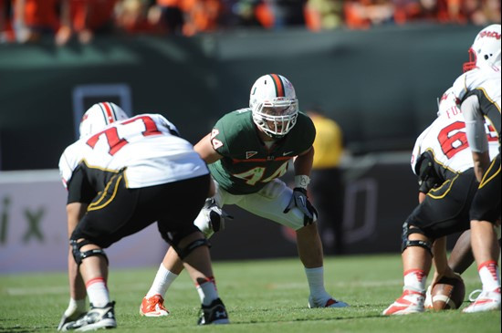 University of Miami Hurricanes linebacker Colin McCarthy #44 plays in a game against the Maryland Terrapins at Sun Life Stadium on November 6, 2010....