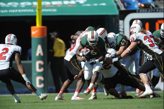 University of Miami Hurricanes running back Lamar Miller #6 carries the ball against the Maryland Terrapins at Sun Life Stadium on November 6, 2010. ...