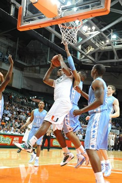 University of Miami Hurricanes center, Reggie Johnson #42 and the Canes play host to the North Carolina Tar Heels at the BankUnited Center on January...