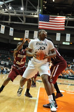 University of Miami Hurricanes center, Reggie Johnson #42, plays host to the Boston College Eagles at the BankUnited Center on January 15, 2011.  The...