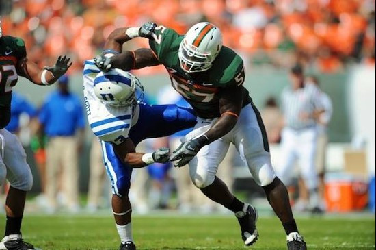 University of Miami Hurricanes defensive lineman Allen Bailey #57 plays in a game against the Duke Blue Devils at Land Shark Stadium on November 21,...
