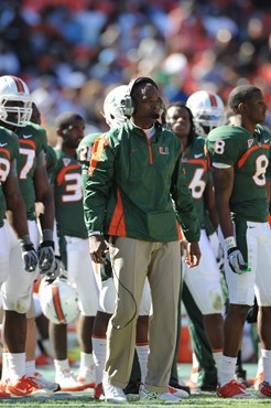 University of Miami Hurricanes head coach Randy Shannon on the sidelines in a game against the Maryland Terrapins at Sun Life Stadium on November 6,...