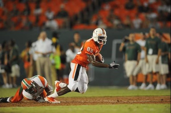 University of Miami Hurricanes wide receiver Kendall Thompkins #83 plays in a game against the FAMU Rattlers at Sun Life Stadium on September 2, 2010....