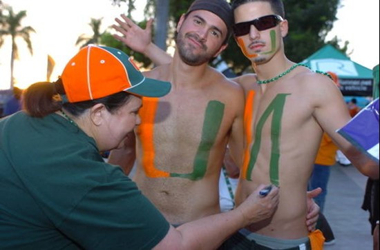 University of Miami Hurricanes fans show their team spirit in a game against the Oklahoma Sooners at Land Shark Stadium on October 3, 2009.  Photo by...