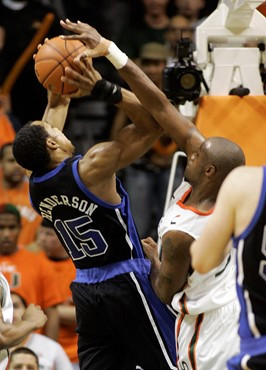 Anthony King, right, blocks Duke's Gerald Henderson (15) in the first half of a basketball game in Coral Gables, Fla., Wednesday, Feb. 20, 2008. (AP...
