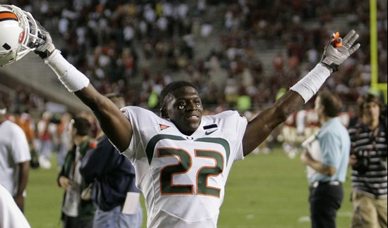 Miami's Bruce Johnson raises his arms in victory after defeating Florida State 37-29. (AP Photo/Phil Coale)