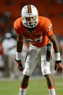University of Miami Hurricanes defensive back Corn Elder #29 plays in a game against the Florida Atlantic University Owls at Sun Life Stadium on...