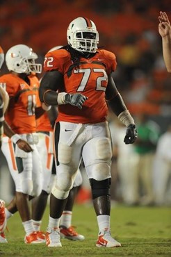 University of Miami Hurricanes offensive lineman Brandon Washington #72 plays in a game against the FAMU Rattlers at Sun Life Stadium on September 2,...