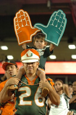 University of Miami Hurricane fans show their team spirit in a game against the North Carolina Tar Heels at Sun Life Stadium on October 23, 2010. ...