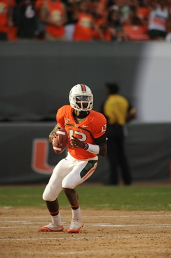 University of Miami Hurricanes quarterback Jacory Harris #12 plays in a game against the Bethune Cookman Wildcats at Sun Life Stadium on October 1,...
