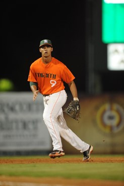 University of Miami&acirc;?<sup>TM</sup>s Harold Martinez #9 plays in a game against Illinois State at Alex Rodriguez Park on March 8, 2011.  Photos...