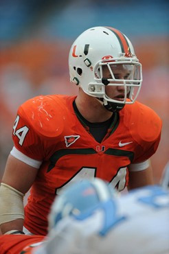 University of Miami Hurricanes linebacker Colin McCarthy #44 had 2 solo tackles and one assist in a game against the North Carolina Tar Heels at...
