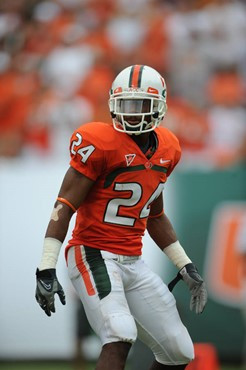 University of Miami Hurricanes defensive back Chavez Grant #24 gets set to drop into coverage against the North Carolina Tar Heels at Dolphin Stadium...