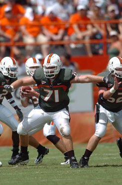University of Miami offensive lineman Derrick Morse #71 blocks in a game against the Duke University Blue Devils at the Orange Bowl on September 20,...