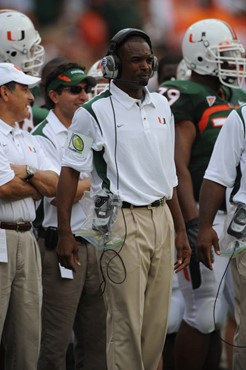 Miami Hurricanes head coach Randy Shannon watches his team from the sidelines in a game against the Deamon Deacons of Wake Forest at Dolphin Stadium...