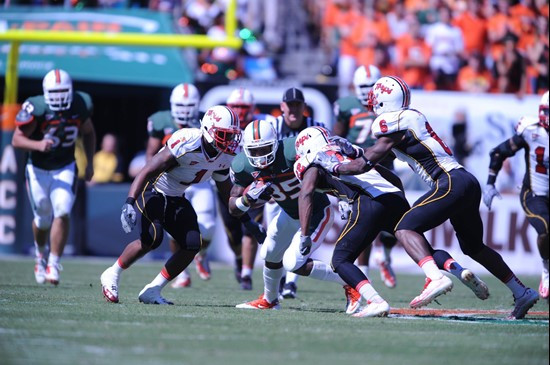 University of Miami Hurricanes wide receiver Leonard Hankerson #85 catches a pass in a game against the Maryland Terrapins at Sun Life Stadium on...