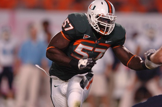 University of Miami Hurricanes defensive lineman Allen Bailey #57 plays in a game against the North Carolina Tar Heels at Sun Life Stadium on October...