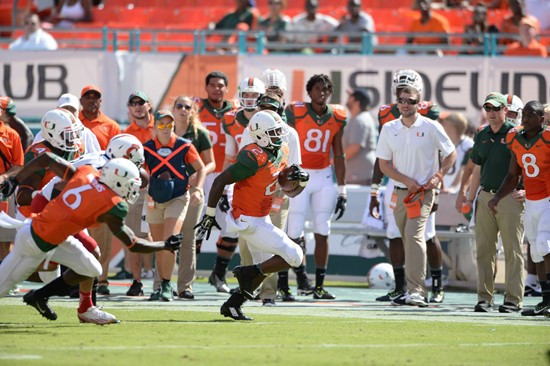 University of Miami Hurricanes running back Joseph Yearby #2 plays in a game against the Cincinnati Bearcats at Sun Life Stadium on October 11, 2014....
